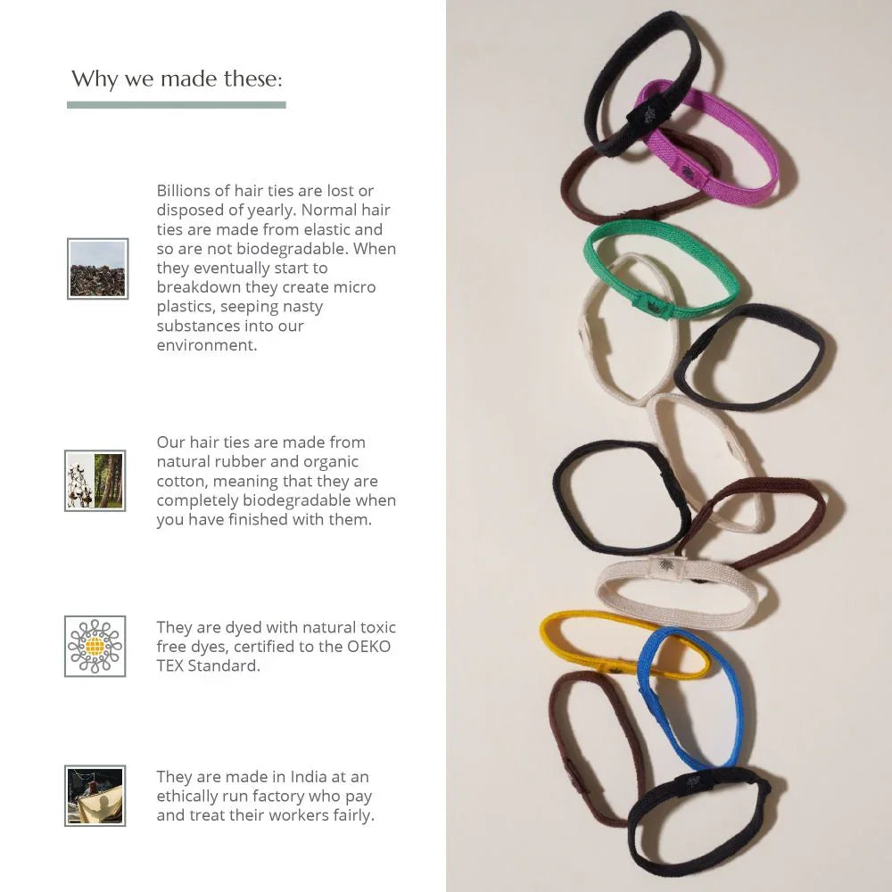 Assorted biodegradable hair ties in various colors on neutral background, eco-friendly Hair Accessories from Yellow B.