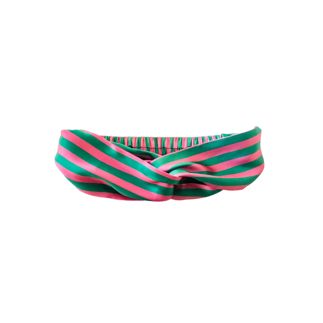 Sleepy Wilson Dottie Silk Headband in green and pink Flamingo Stripe on a white background
