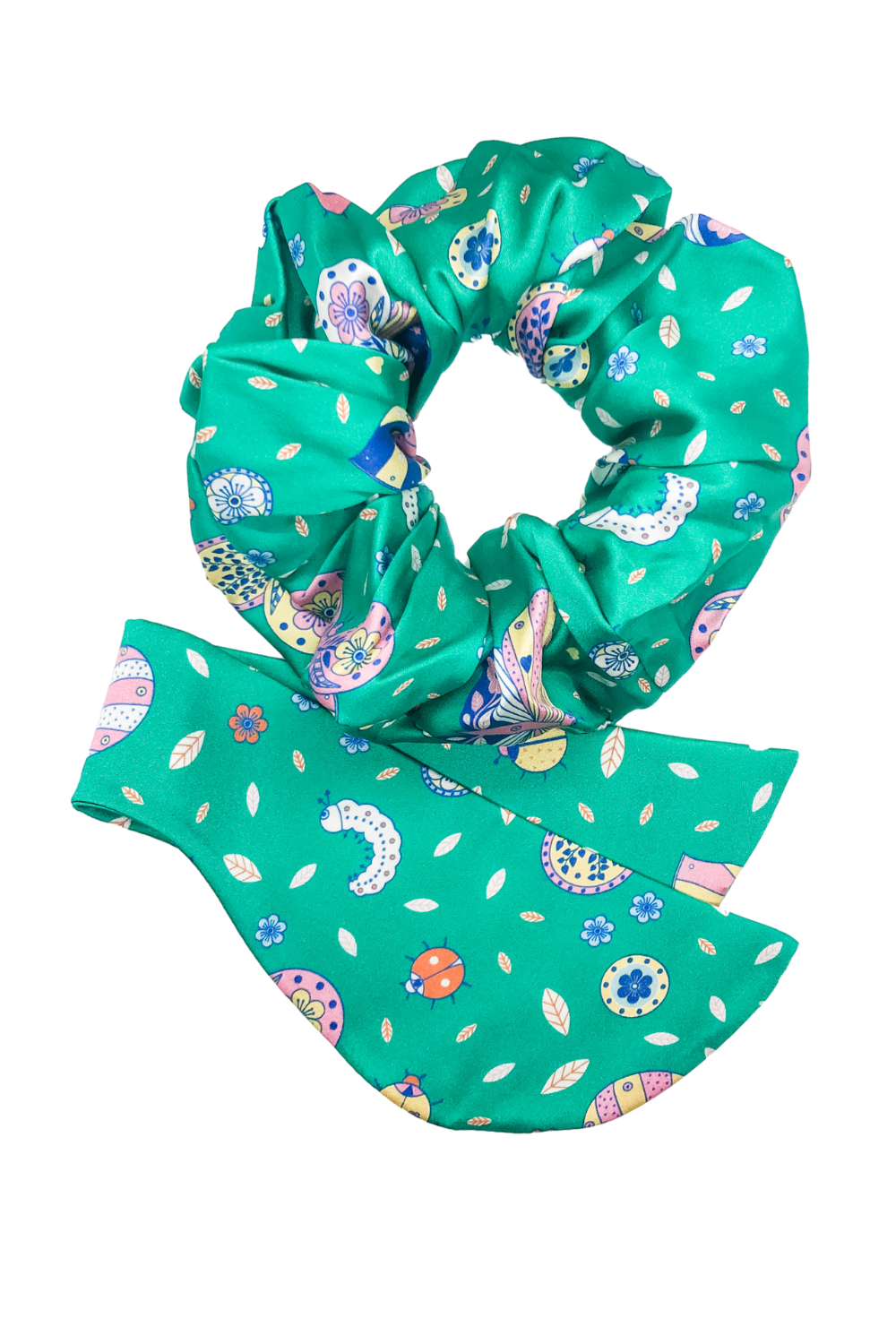 Green scrunchie with colourful Butterfly patterns on a white background