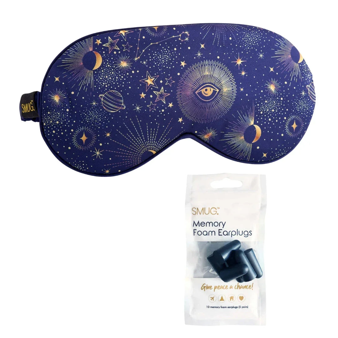 Blue celestial satin sleep mask with stars and matching black memory foam earplugs