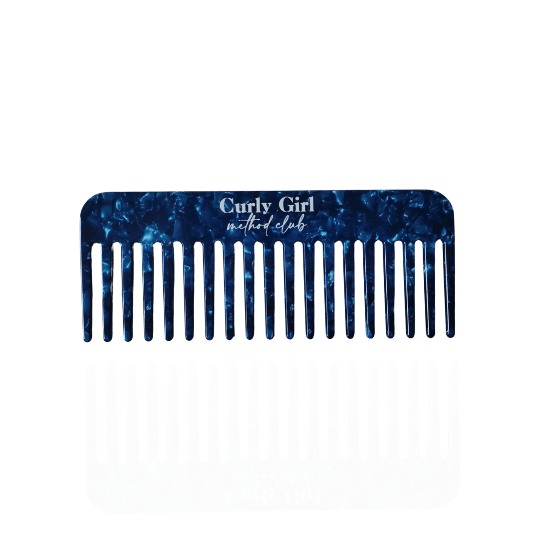Blue comb with 'Curly Girl Method Club' text on a white background