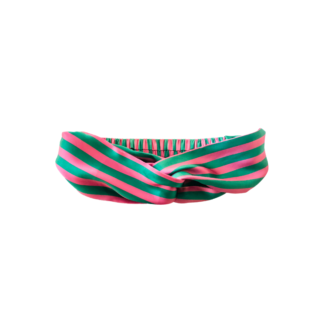 Sleepy Wilson Dottie Silk Headband in green and pink Flamingo Stripe on a white background