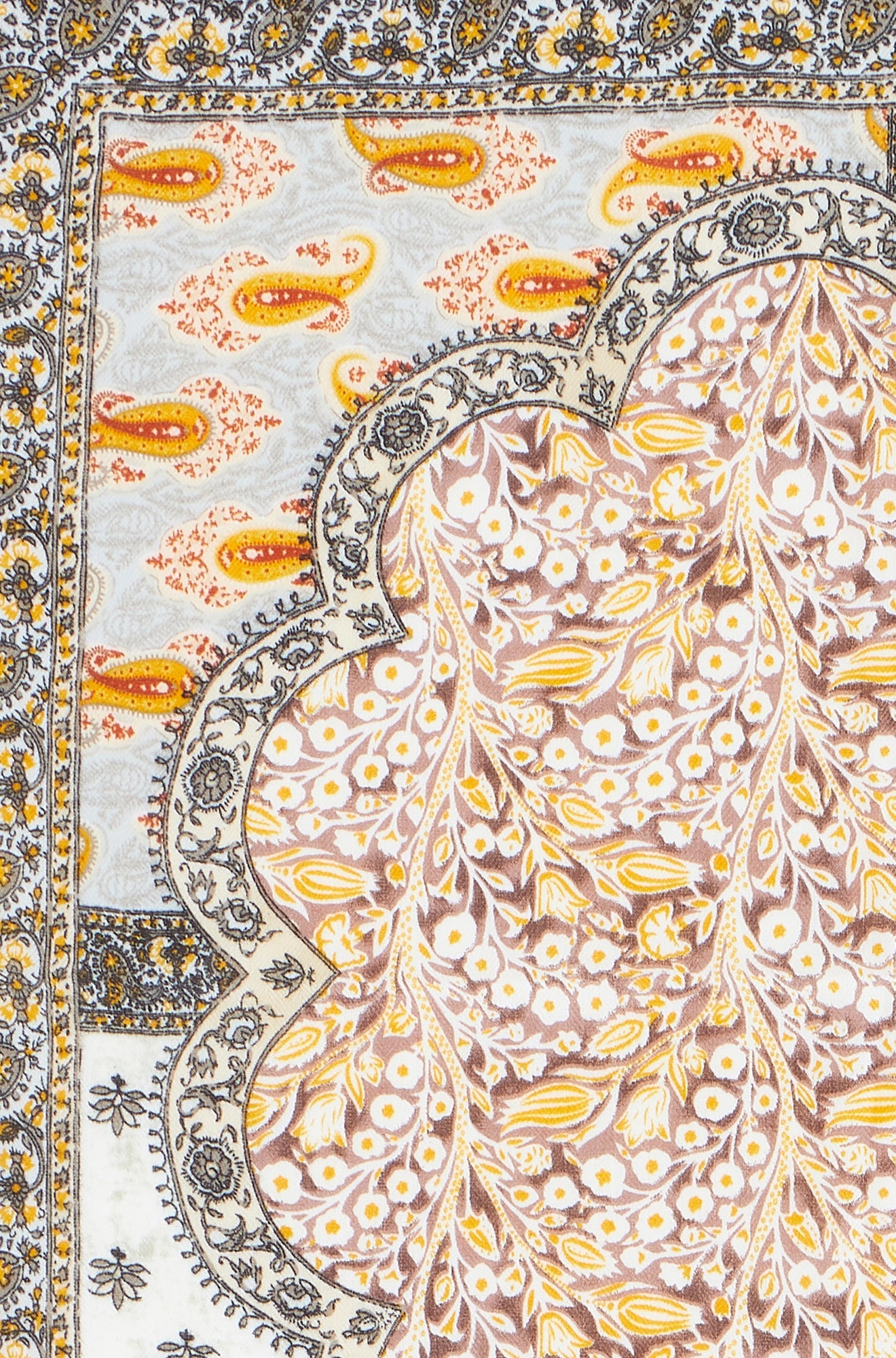 Lightweight paisley scarf in multicolour design - close up view
