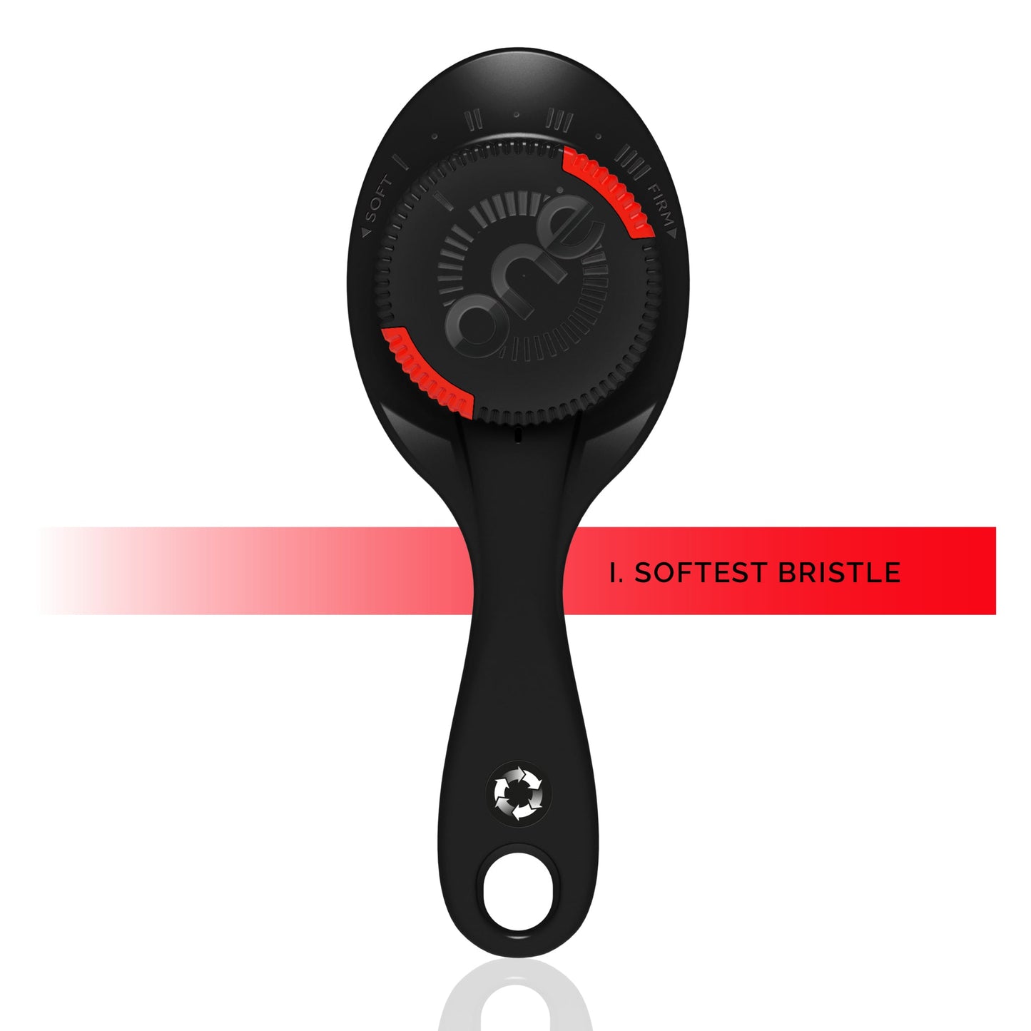 Black ONE Brush - Adjustable Bristle Strength Hairbrush with 'one' branding on a white background