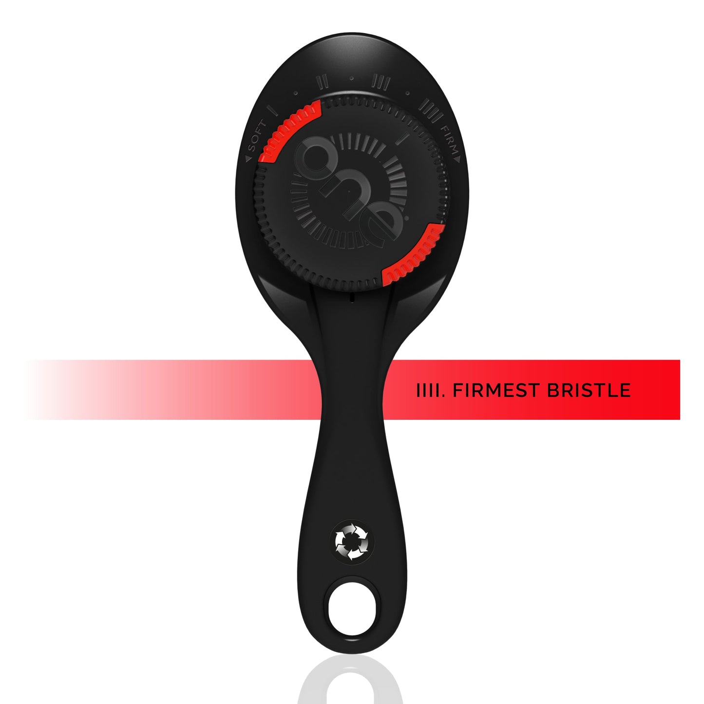 Black ONE Brush - Adjustable Bristle Strength Hairbrush with 'one' branding on a white background
