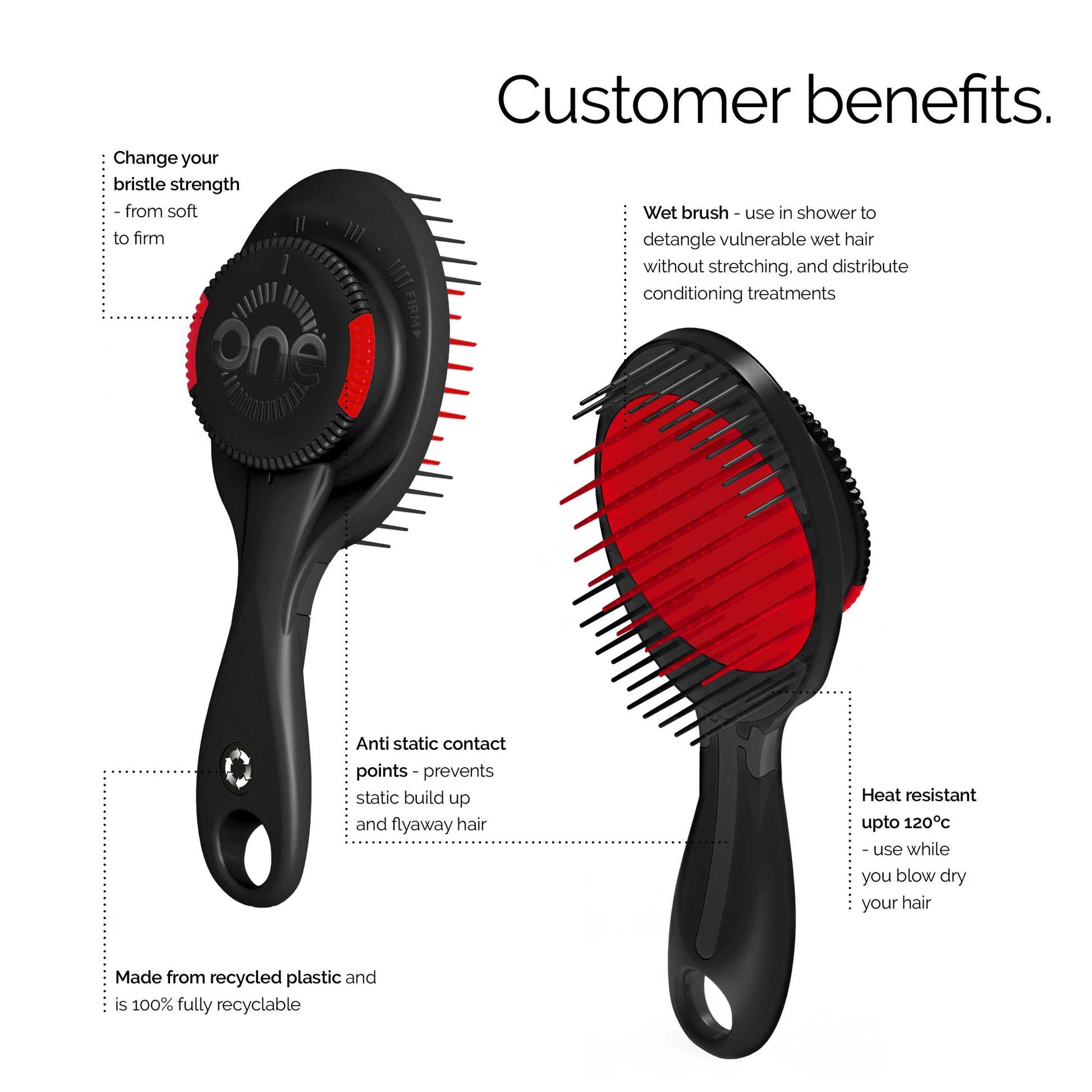 Two Adjustable Bristle Strength Hairbrushes with 'one' branding with red bristle heads on a white background, featuring text about customer benefits.