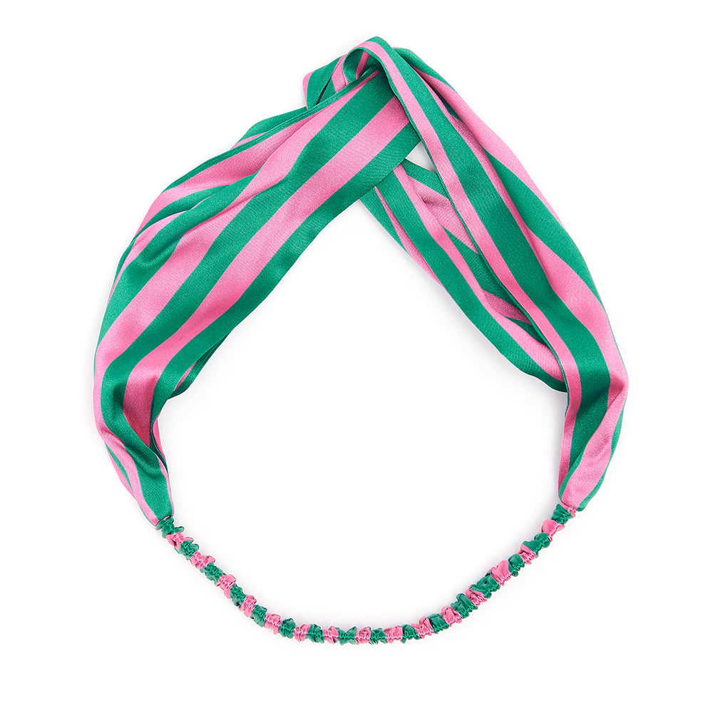 Sleepy Wilson Dottie Silk Headband in green and pink Flamingo Stripe on a white background