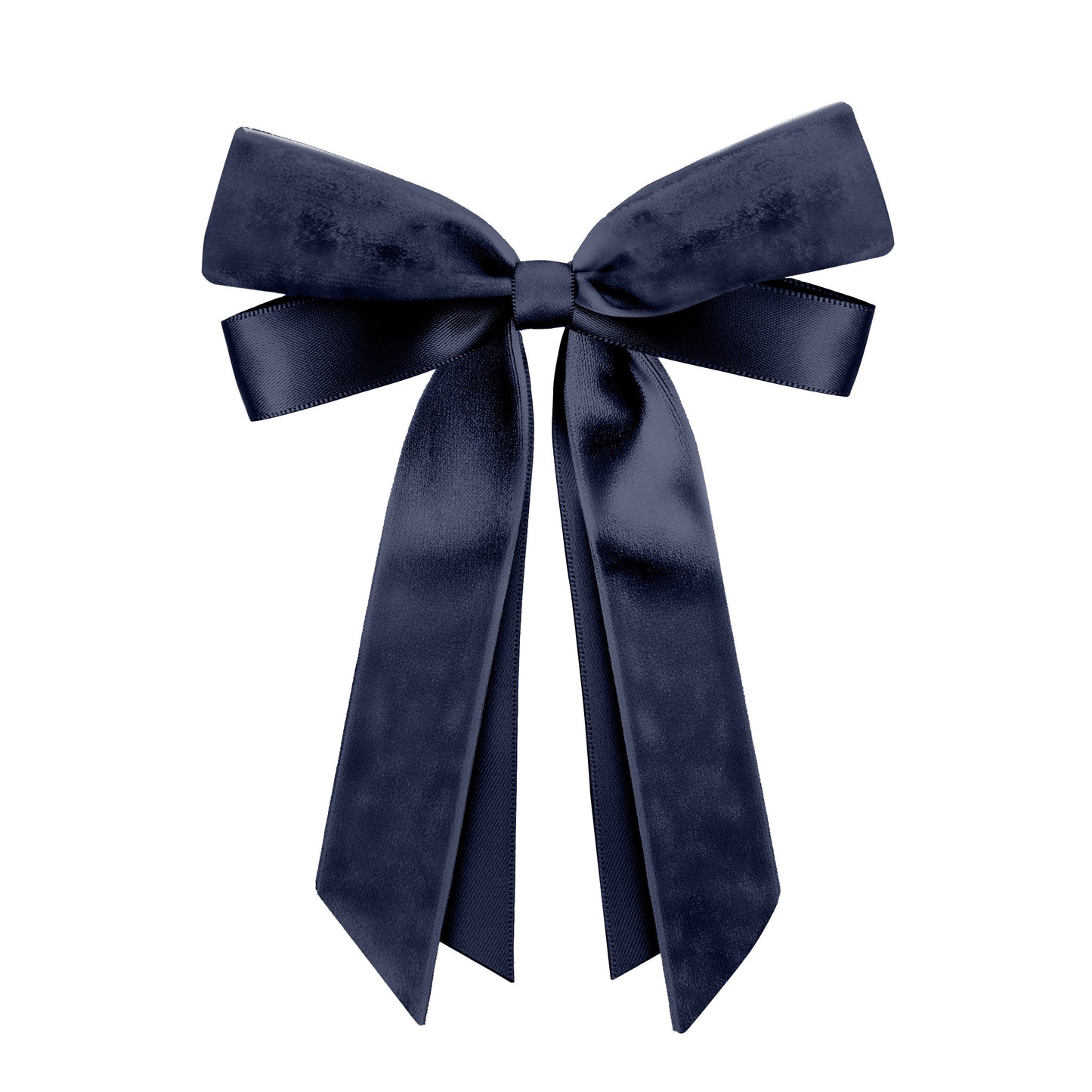 Navy blue velvet and satin bow hair clip on a white background.