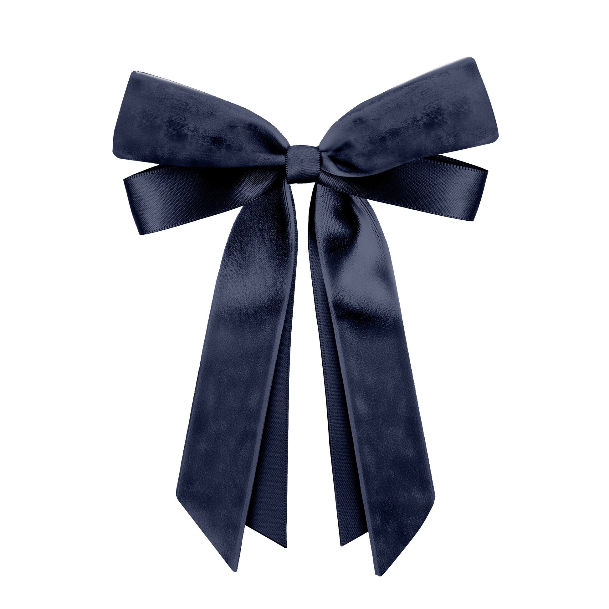Navy blue velvet and satin bow hair clip on a white background.