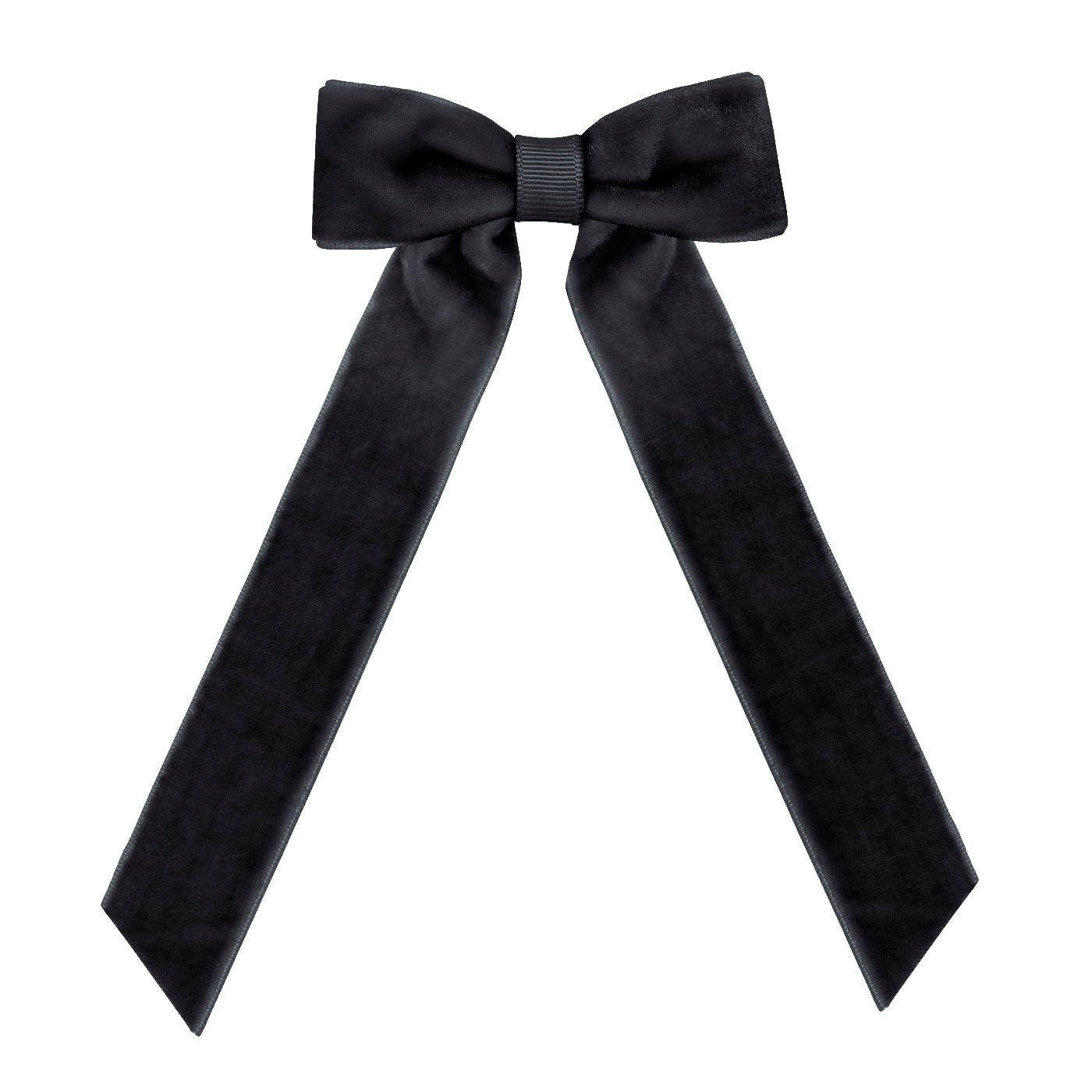 Black medium sized velvet bow hair clip on a white background.
