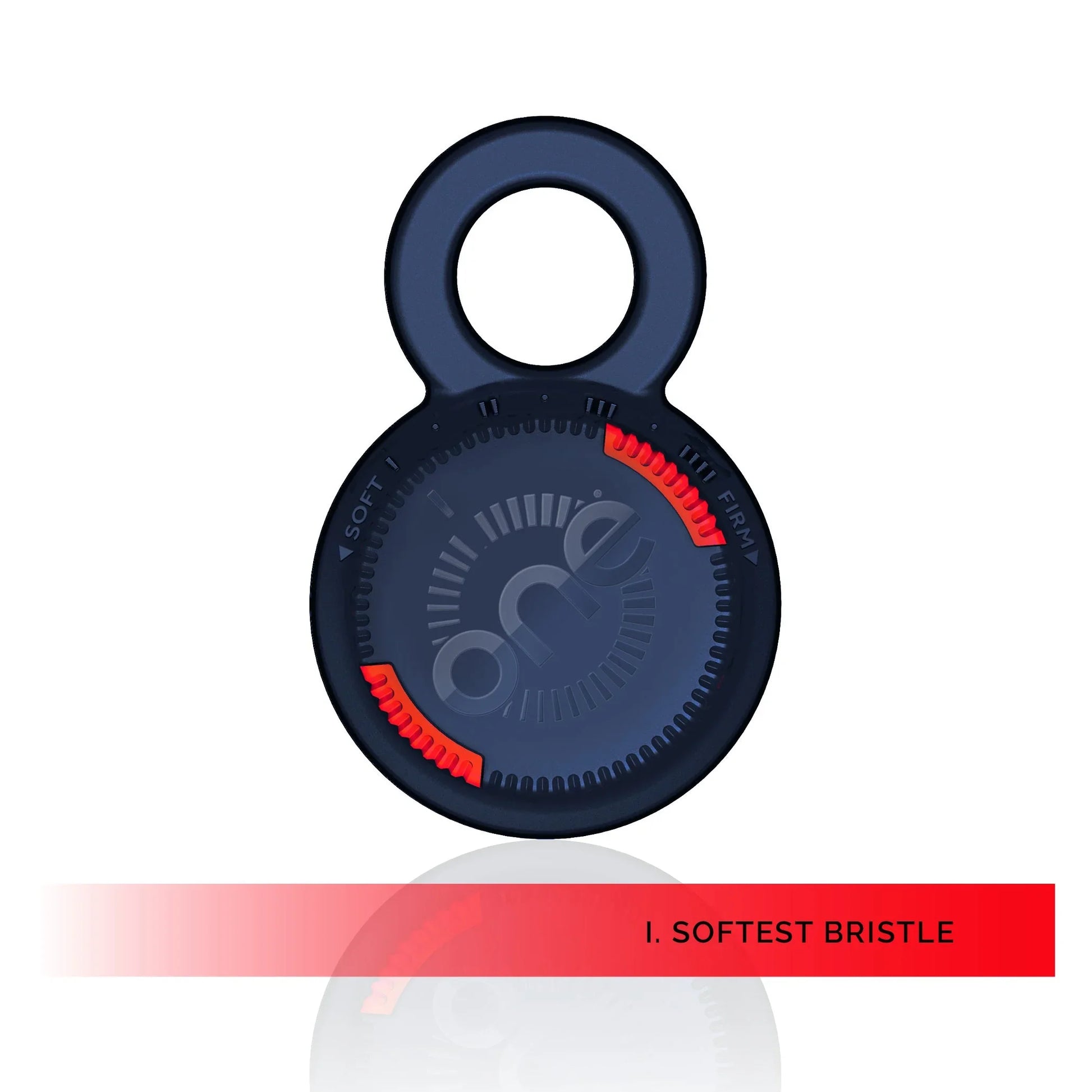 Blue and red One Brush Mini compact hairbrush with 'one' branding in softest bristle setting on a white background