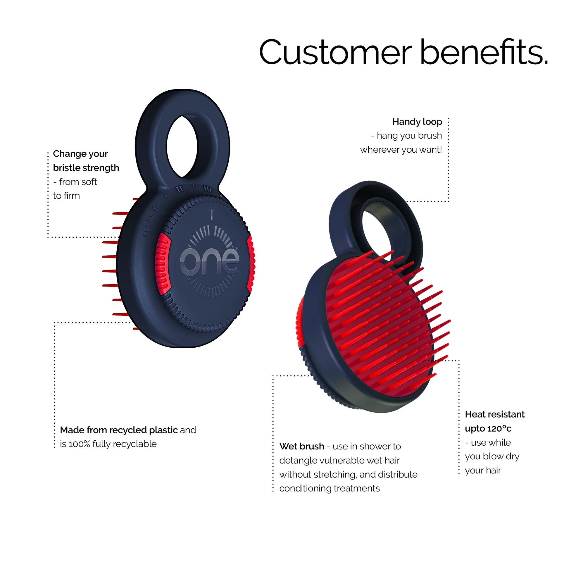 Two angled views of blue and red One Brush Mini compact hairbrush with 'one' branding on a white background