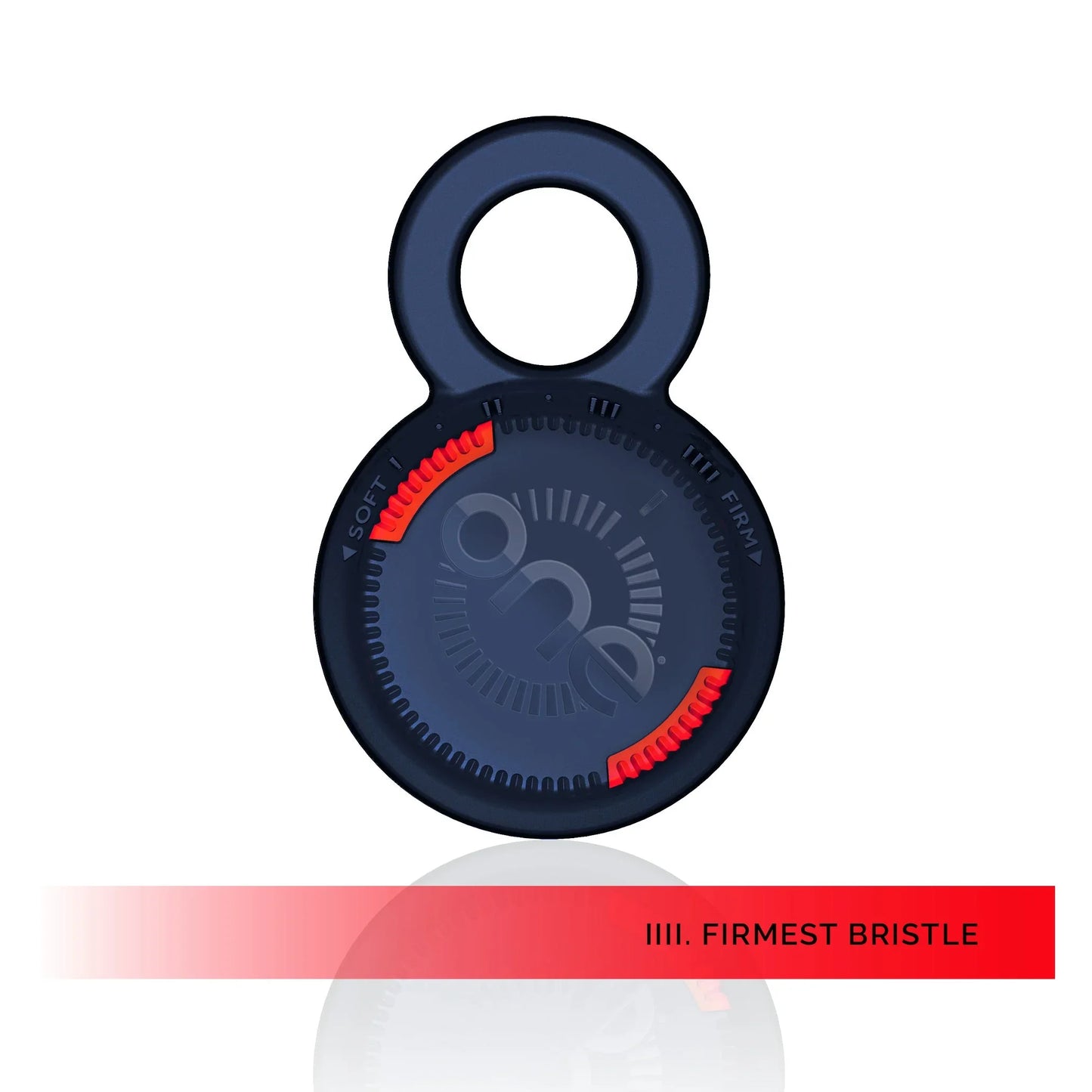 Blue and red One Brush Mini compact hairbrush with 'one' branding in firm bristle setting on a white background