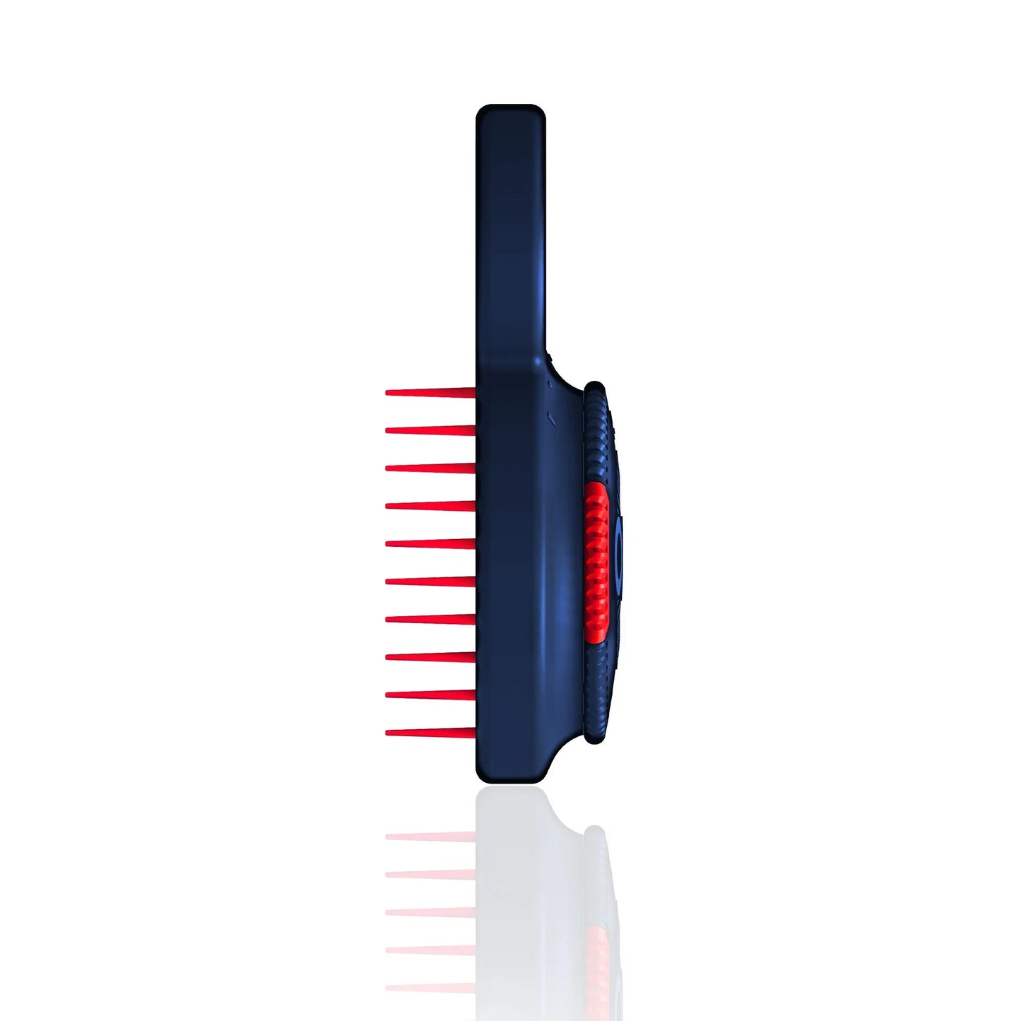 Side view of blue and red One Brush Mini compact hairbrush with 'one' branding on a white background