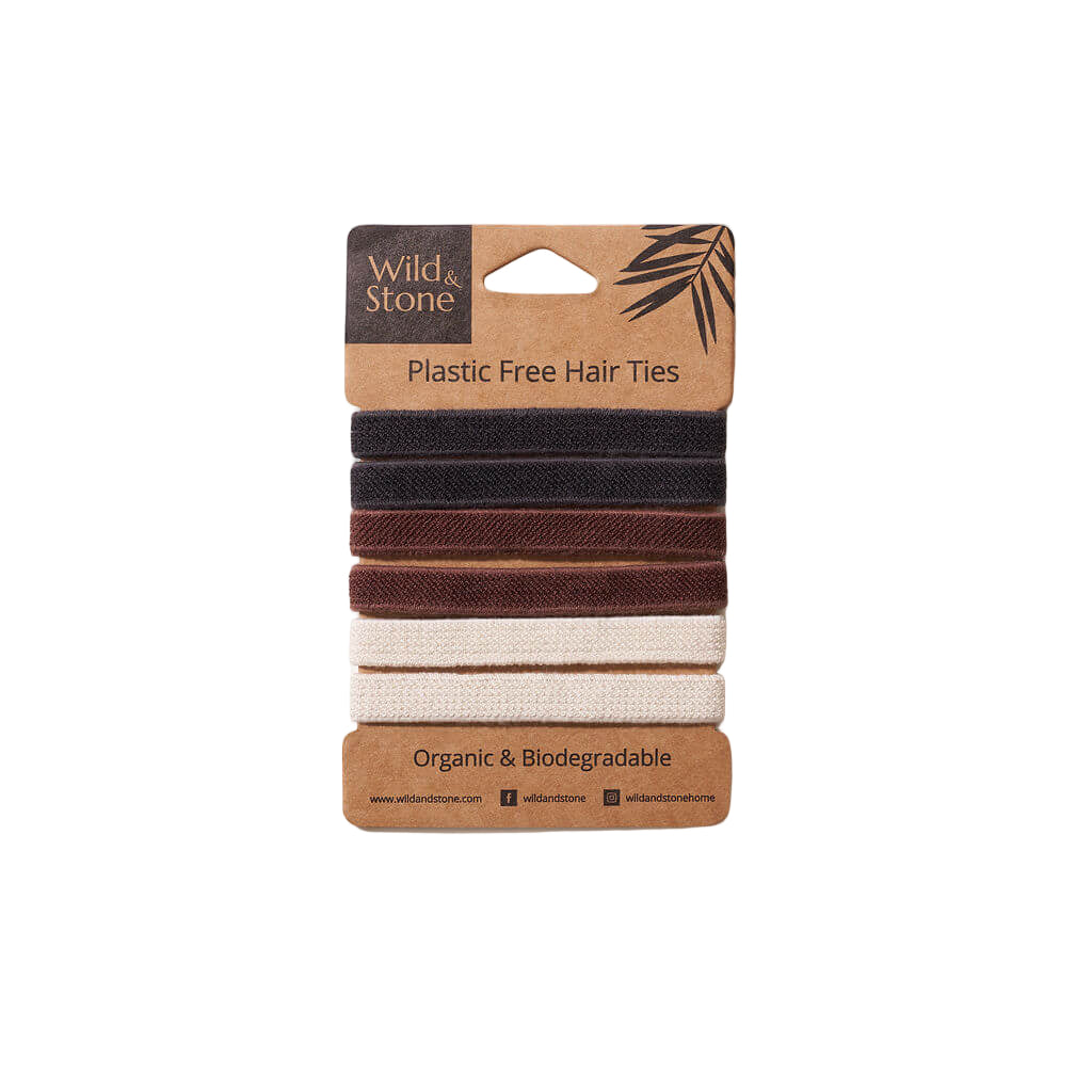 Pack of plastic-free, metal-free, biodegradable hair ties with a Wild & Stone brand label on a white background