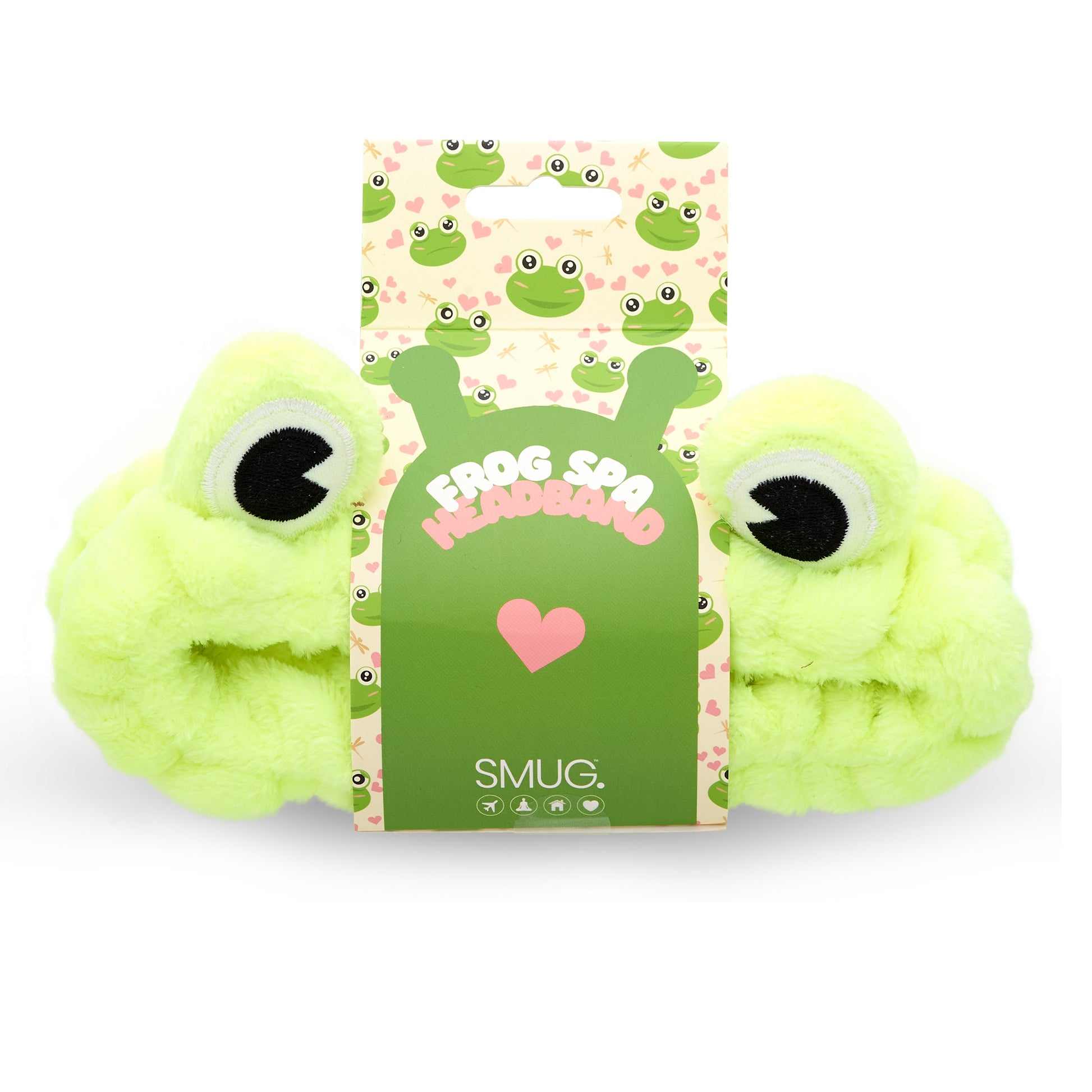 Novelty Frog Design Green Plush Spa Headband in packaging on white background