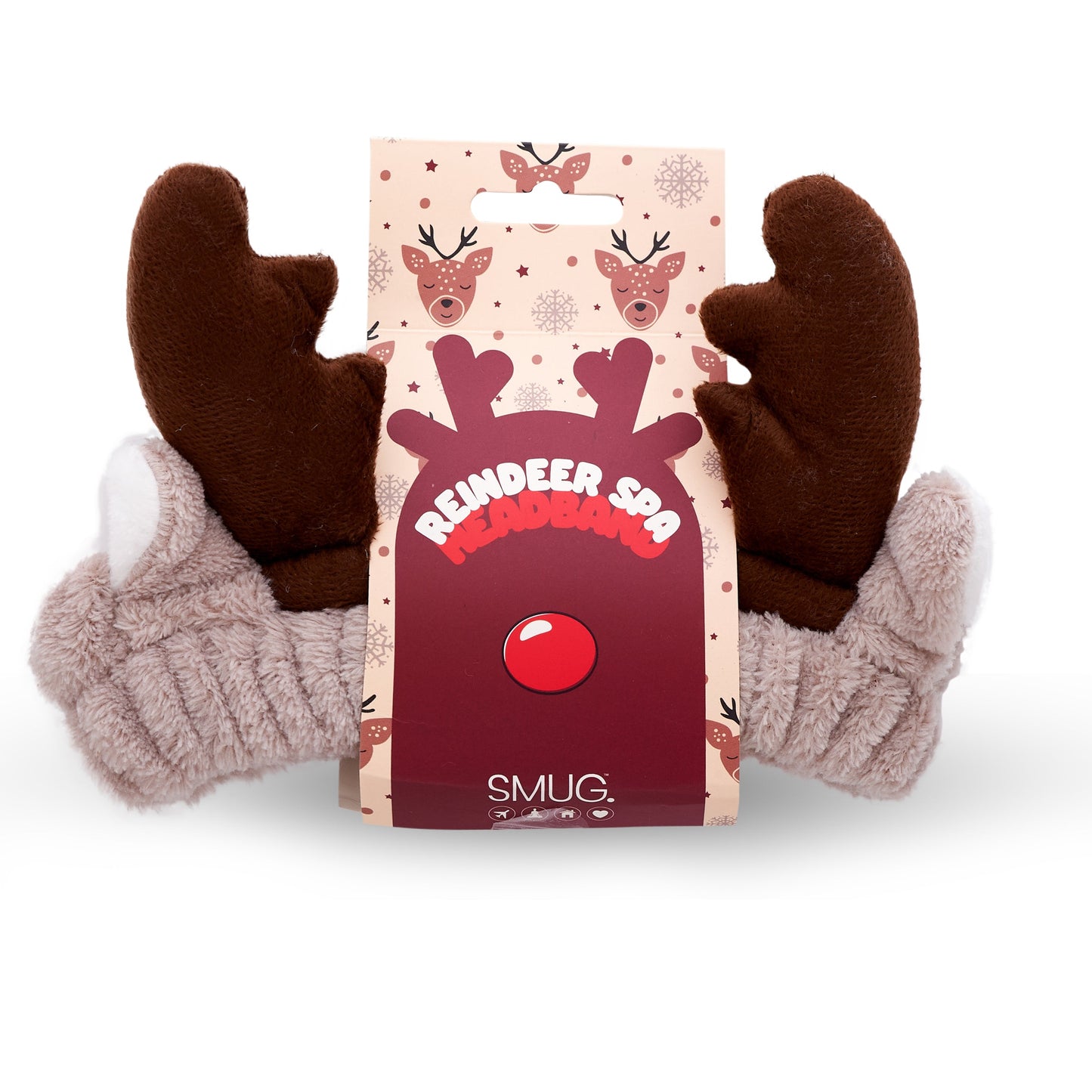 Reindeer-themed spa headband with a SMUG packaging label on a white background