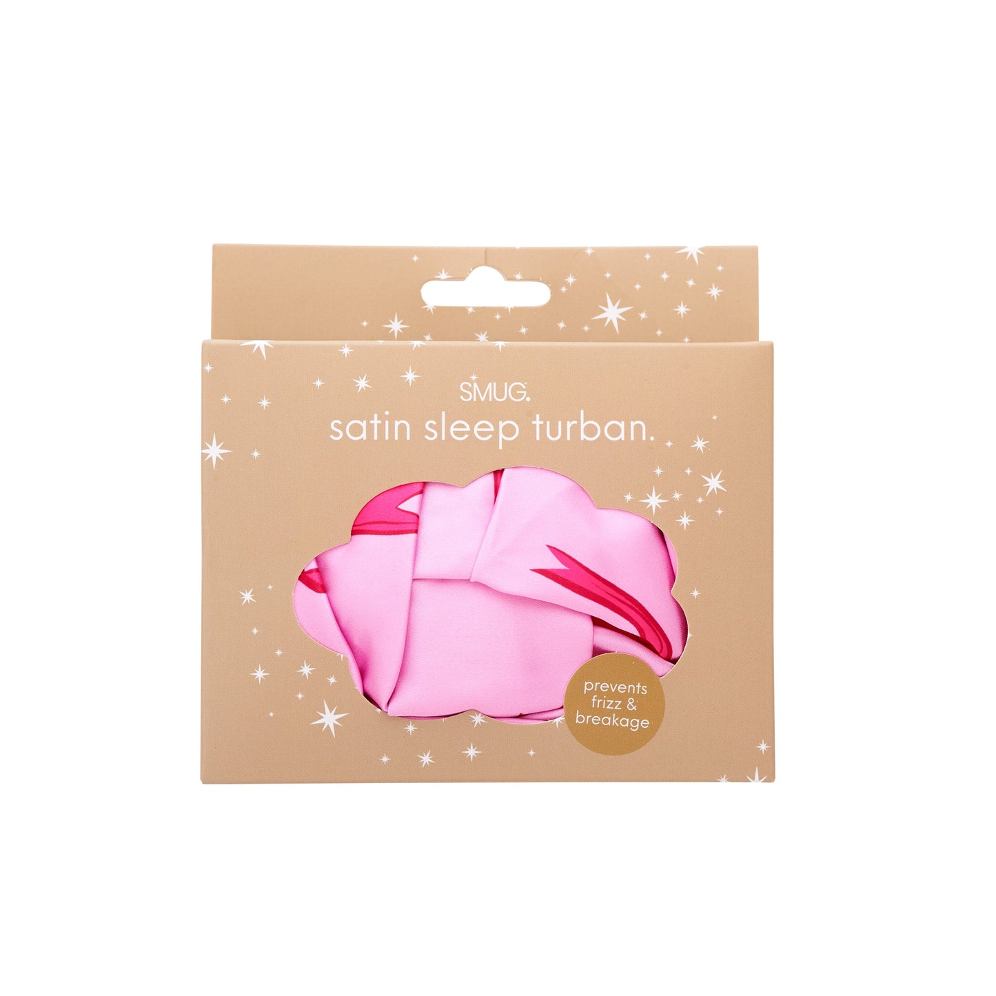 Pink bows satin sleep turban in packaging with 'SMUG' branding on a white background