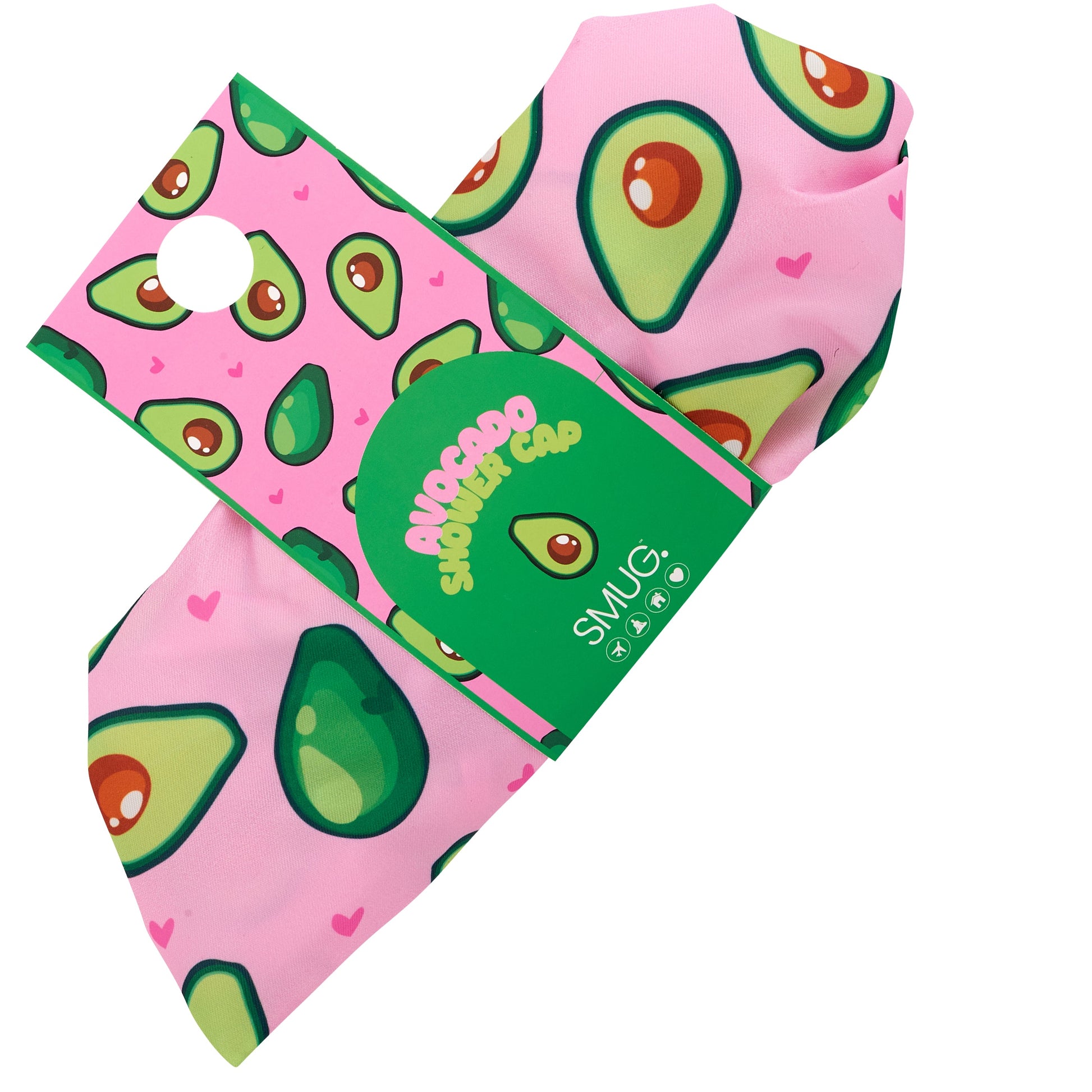 Pink shower cap with avocado pattern and 'SMUG' branding on a white background