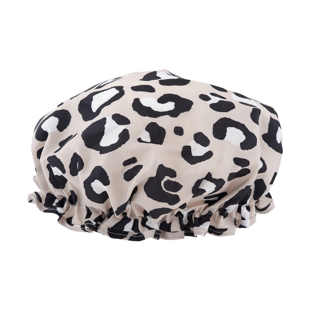 SMUG leopard print shower cap on a white background