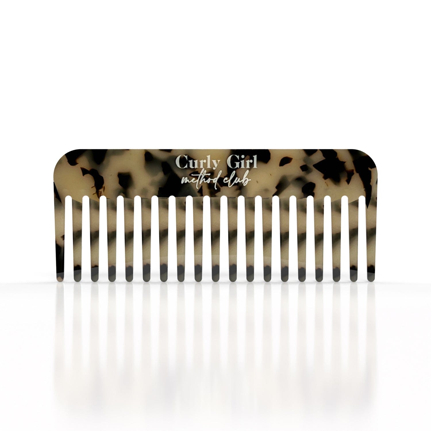 Comb with tortoiseshell pattern and 'Curly Girl Method Club' text on a white background