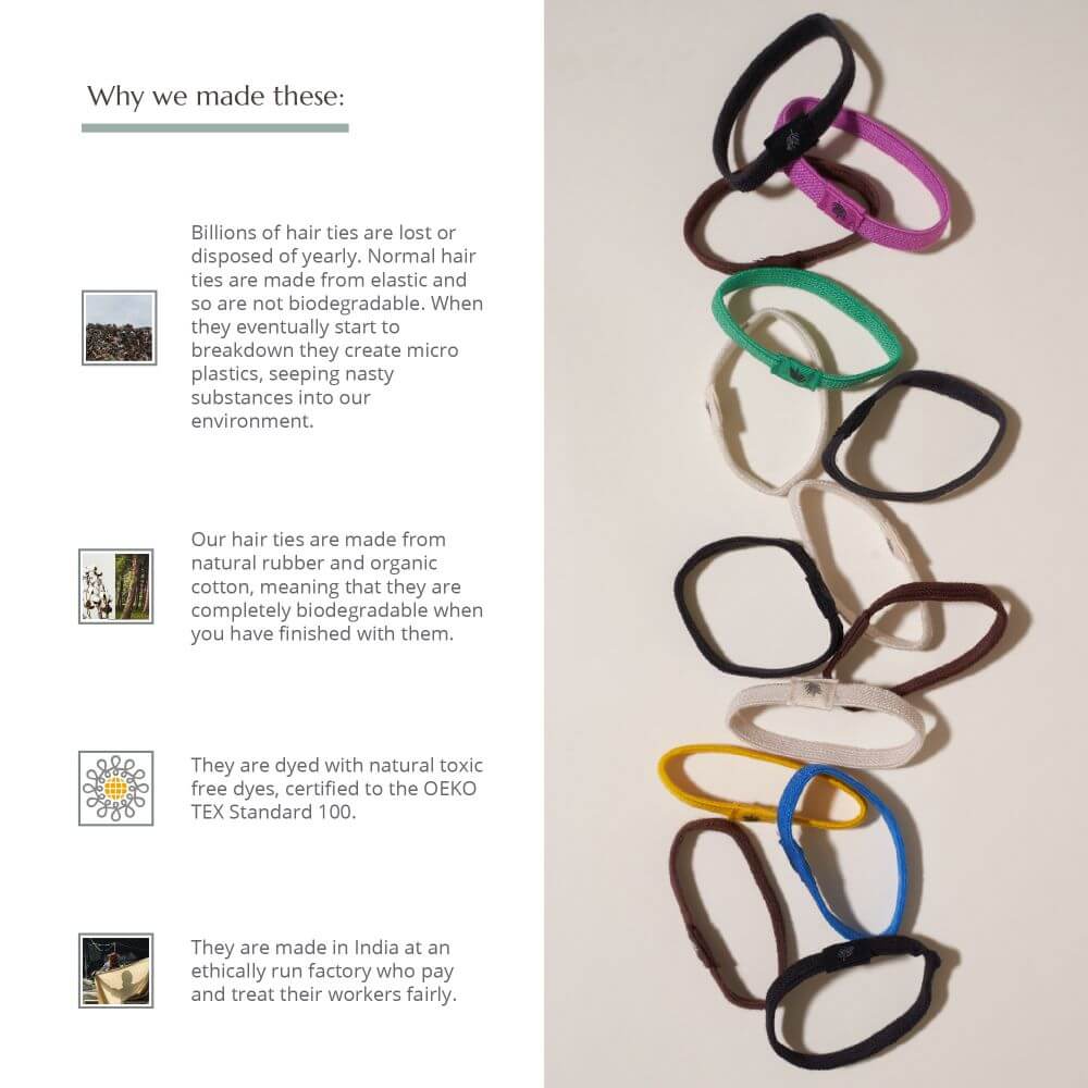 Biodegradable Wild & Stone hair ties in various colours with environmental benefits text on a white background